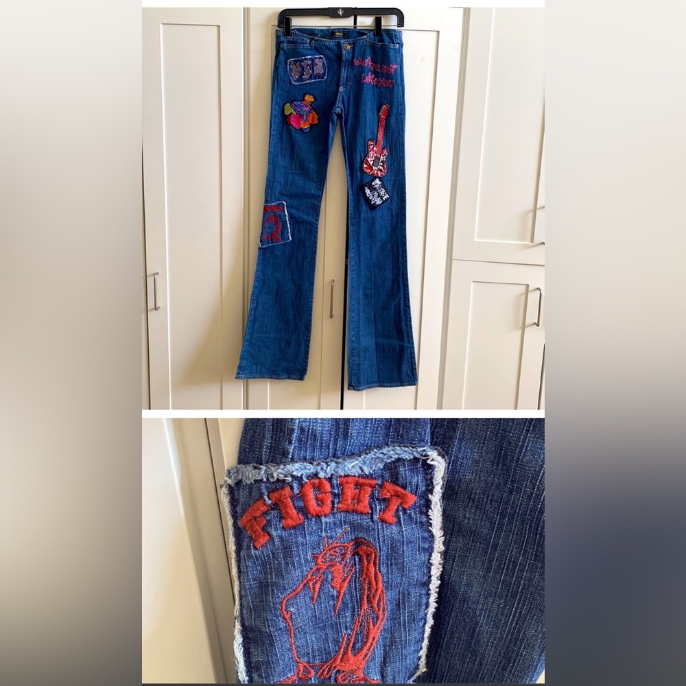 Preloved Versace jeans, patchwork, colorful,size 26,flared made in Italy.